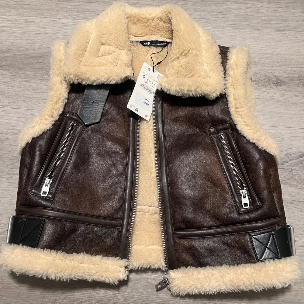 Zara Dark Brown Leather Vest with Cream Shearling